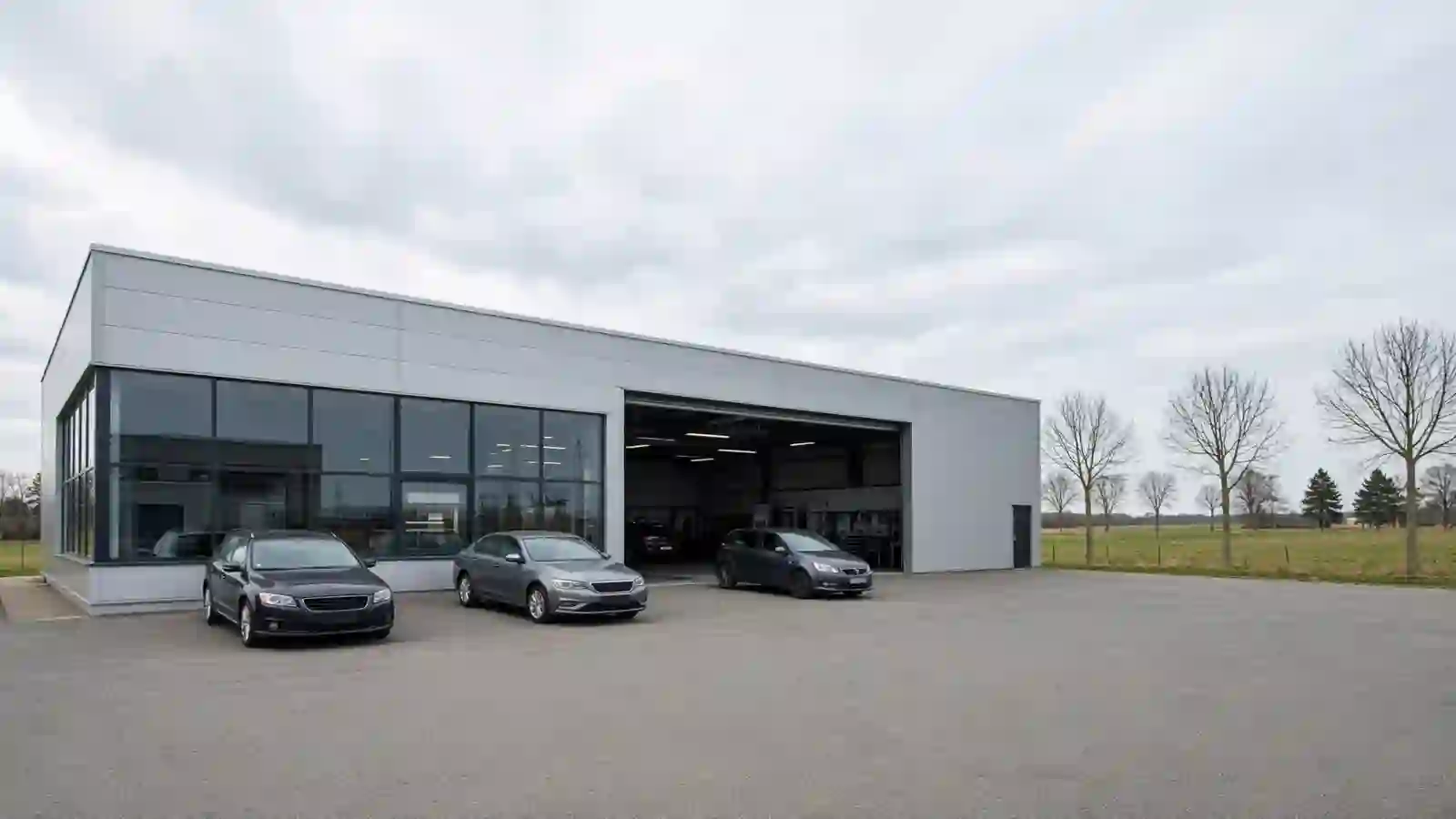 Autohaus- und Werkstatthalle mit offenem Werkstatttor, Fahrzeuge auf dem Vorplatz